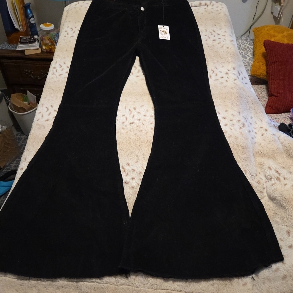 Home Folk Corduroy Pants Sz 22 (36x34) Black Flare Leg Boho 70's NWT 1055